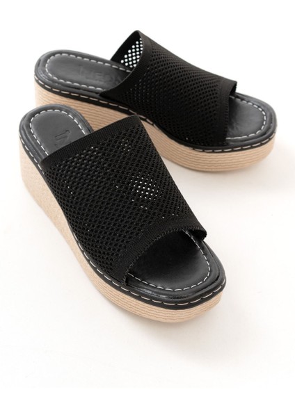 232-460 Siyah Triko Günlük Ortopedik Dolgu Topuk Kadın Terlik indirimleri