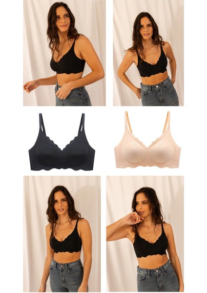 2'li Set Lazer Kesim Dikişsiz Iz Yapmaz Büstiyer Sütyen Çıkarılabilir Pedli Toparlayıcı Nefes Alabilir Sütyen Ten ve Siyah Set