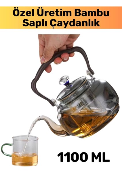 Premium Yüksek Isıya Dirençli Ergonomik Bambu Saplı Borosilikat Cam Şeffaf Çaydanlık 1100 Ml