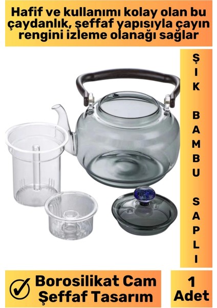 Premium Yüksek Isıya Dirençli Ergonomik Bambu Saplı Borosilikat Cam Şeffaf Çaydanlık 1100 Ml