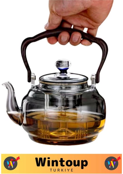 Premium Yüksek Isıya Dirençli Ergonomik Bambu Saplı Borosilikat Cam Şeffaf Çaydanlık 1100 Ml