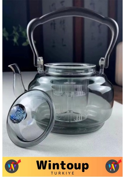 Premium Yüksek Isıya Dirençli Ergonomik Bambu Saplı Borosilikat Cam Şeffaf Çaydanlık 1100 Ml