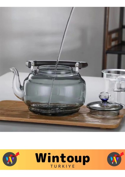 Premium Yüksek Isıya Dirençli Ergonomik Bambu Saplı Borosilikat Cam Şeffaf Çaydanlık 1100 Ml