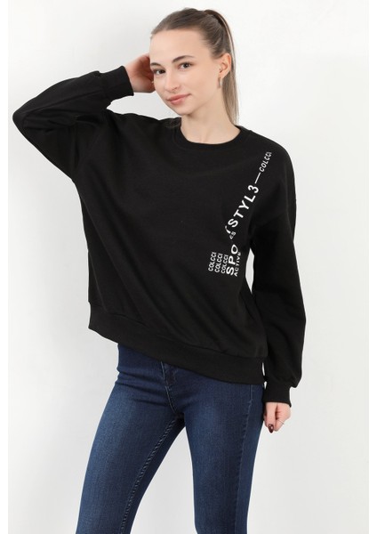 Kadın Bisiklet Yaka Sportstyl Baskılı Pamuklu Sweatshirt Siyah - 2578