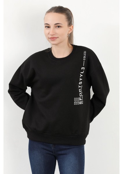 Kadın Bisiklet Yaka Sportstyl Baskılı Pamuklu Sweatshirt Siyah - 2578