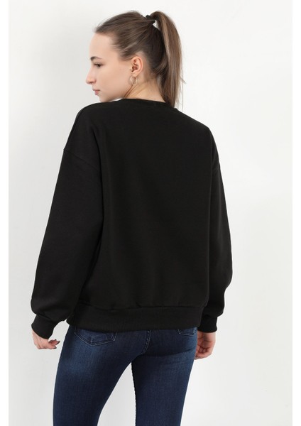 Kadın Bisiklet Yaka Sportstyl Baskılı Pamuklu Sweatshirt Siyah - 2578