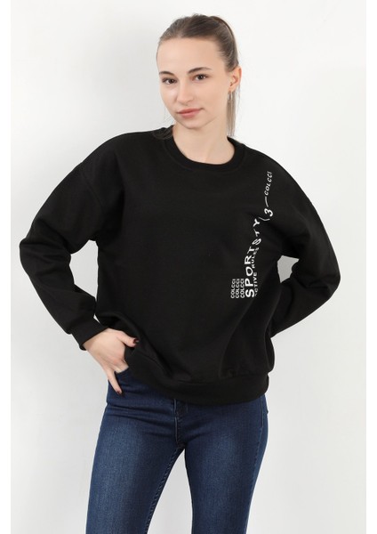 Kadın Bisiklet Yaka Sportstyl Baskılı Pamuklu Sweatshirt Siyah - 2578