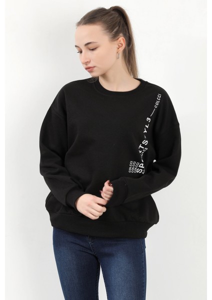 Kadın Bisiklet Yaka Sportstyl Baskılı Pamuklu Sweatshirt Siyah - 2578