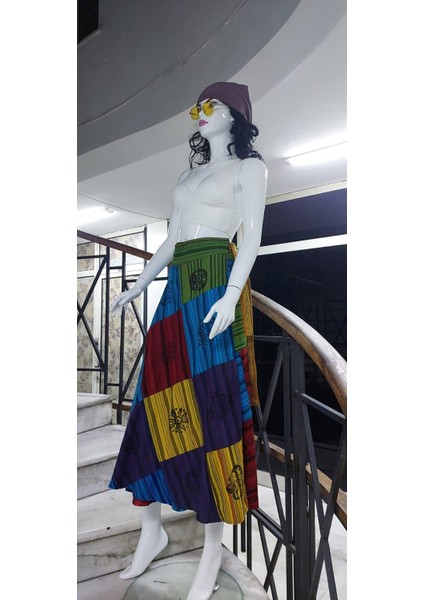 Hint Etnik Kadın Patchwork Desenli Anvelop Etek (95 Cm)
