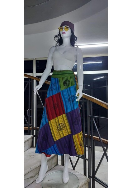 Hint Etnik Kadın Patchwork Desenli Anvelop Etek (95 Cm)