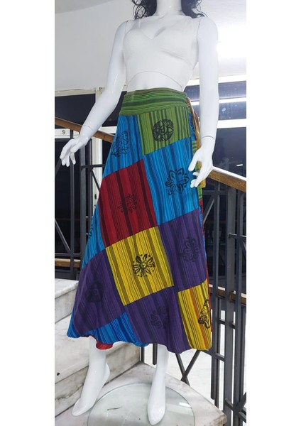 Hint Etnik Kadın Patchwork Desenli Anvelop Etek (95 Cm)