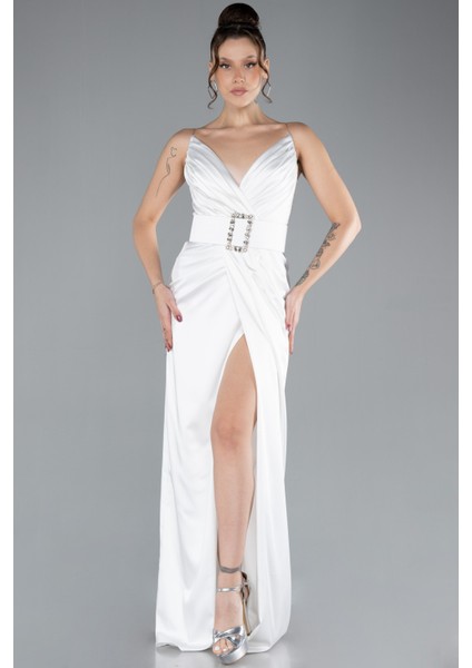 Straplez Kedi Kulağı Uzun Saten Abiye ABU2844