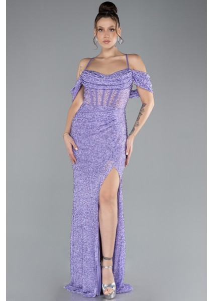 Bacak ve Omuz Dekolteli Uzun Boncuklu Abiye ABU4394