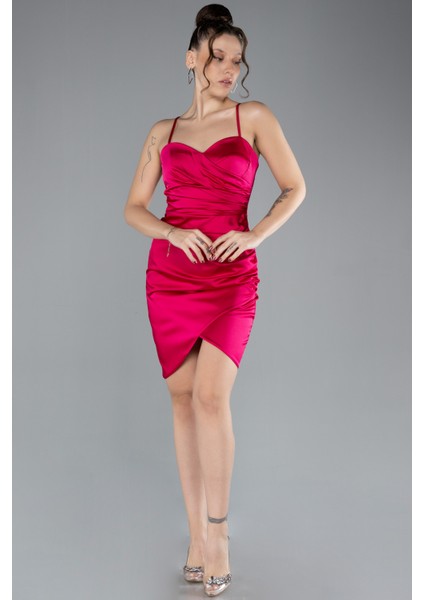 Askılı Mini Saten Davet Elbisesi ABK2174