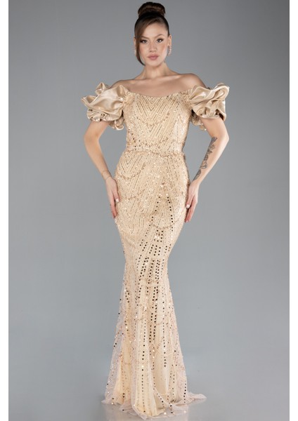 Kısa Kol Boncuklu Uzun Taşlı Balık Abiye Elbise ABU4509