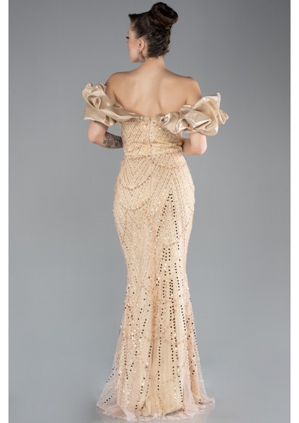 Kısa Kol Boncuklu Uzun Taşlı Balık Abiye Elbise ABU4509 fiyatları