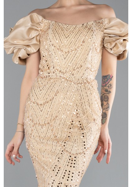 Kısa Kol Boncuklu Uzun Taşlı Balık Abiye Elbise ABU4509 modelleri