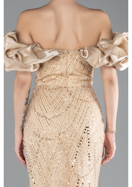 Kısa Kol Boncuklu Uzun Taşlı Balık Abiye Elbise ABU4509 fırsatları