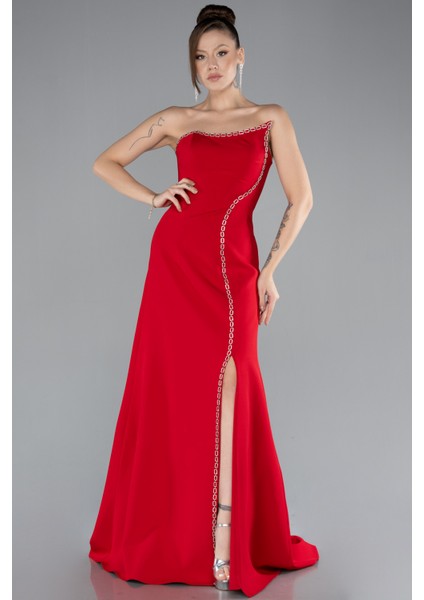 Straplez Bacak Dekolteli Uzun Abiye Elbise ABU4510