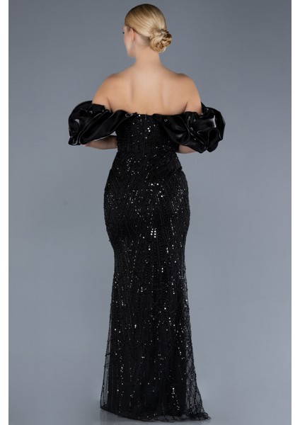 Kısa Kol Boncuklu Uzun Taşlı Balık Abiye Elbise ABU4509 fiyatları