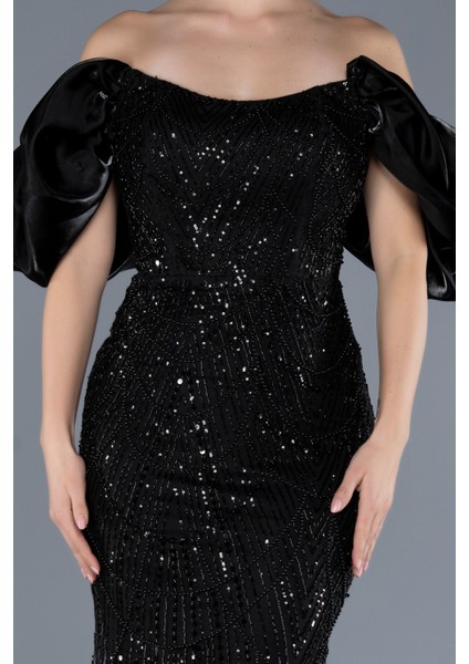 Kısa Kol Boncuklu Uzun Taşlı Balık Abiye Elbise ABU4509 modelleri