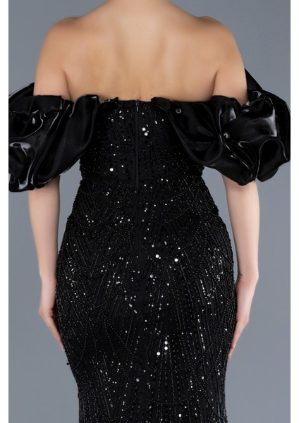 Kısa Kol Boncuklu Uzun Taşlı Balık Abiye Elbise ABU4509 fırsatları