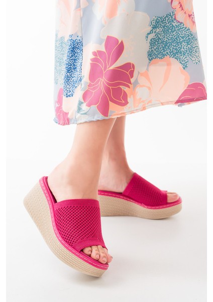 232-460 Fuşya Triko Günlük Ortopedik Dolgu Topuk Kadın Terlik modelleri