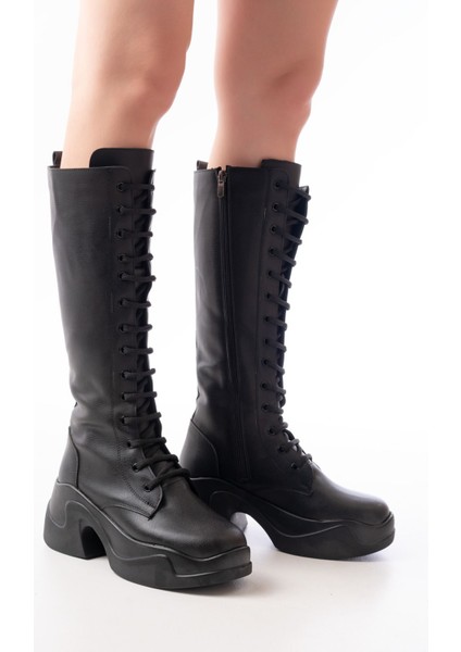 FZ-2450 Siyah Yüksek Tabanlı Bağcıklı Fermuarlı Günlük Kadın Çizme modelleri