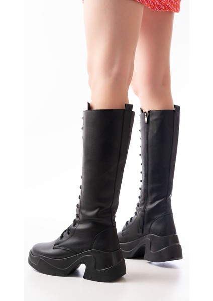 FZ-2450 Siyah Yüksek Tabanlı Bağcıklı Fermuarlı Günlük Kadın Çizme indirimleri