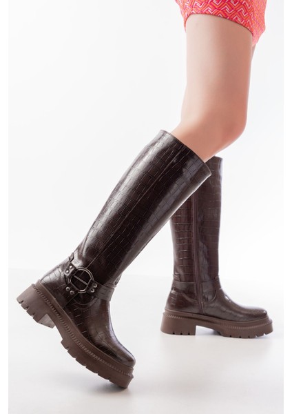 236-3021 Kahverengi Kroko Fermuarlı Günlük Kadın Çizme modelleri