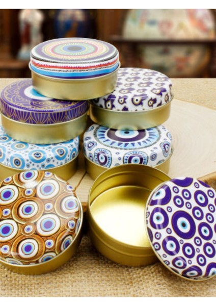 5 Adet Nazar Desen 100CC Yuvarlak Dekoratif Mum Teneke Kutu 7X3CM