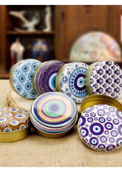 5 Adet Nazar Desen 100CC Yuvarlak Dekoratif Mum Teneke Kutu 7X3CM