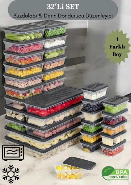 32 Parça Mikrodalga ve Dipfrize Uygun Saklama Kabı - 2X2400ML 6X1170ML 12X600ML 12X240ML Antrasit