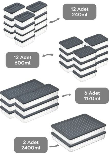 32 Parça Mikrodalga ve Dipfrize Uygun Saklama Kabı - 2X2400ML 6X1170ML 12X600ML 12X240ML Antrasit