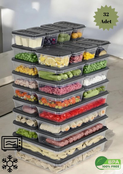 32 Parça Mikrodalga ve Dipfrize Uygun Saklama Kabı - 2X2400ML 6X1170ML 12X600ML 12X240ML Antrasit