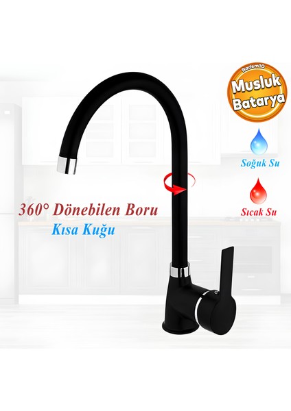 Lara Mix Kısa Batarya Siyah Lavabo Banyo Mutfak Musluğu Musluk Mermer Tezgah Üstü Çift Su Giriş Evye