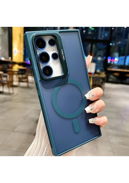 Samsung Galaxy S24 Fe ile Uyumlu Kamera Lens Aparatlı Stand Olabilen Magsafe ile Uyumlu Kamera Korumalı Şeffaf Full Color Magnetic Wireless Telefon Kılıfı Navy Blue