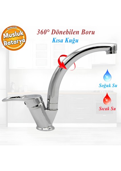 Vista Mix Kısa Batarya Krom Lavabo Banyo Mutfak Musluğu Musluk Mermer Tezgah Üstü Çift Su Giriş Evye