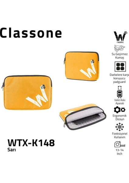 WTX-K148 13, 14 inch WTXpro Serisi Su Geçirmez Kumaş, Macbook,Mac Air,Laptop Kılıfı- Sarı