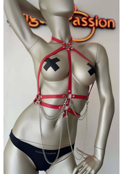 Kırmızı ve Zincir Detaylı Şık Deri Harness - Brf3