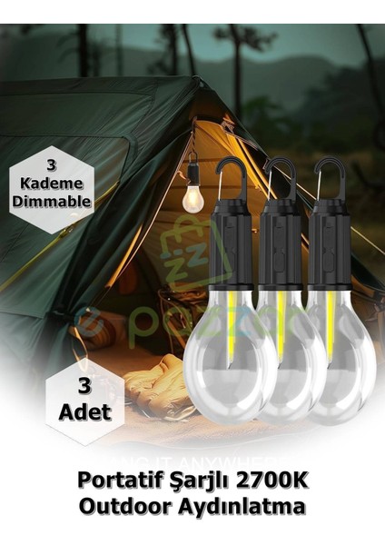 3 Adet Portatif Askılı 3 Kademeli Şarjlı Kamp Bahçe Araç Ev Araç Outdoor Işıldak Aydınlatma LED Lamba