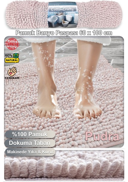 %100 Pamuk Tafting Su Emici Banyo Paspas Seti, Banyo Halısı Makarna 60X100 cm