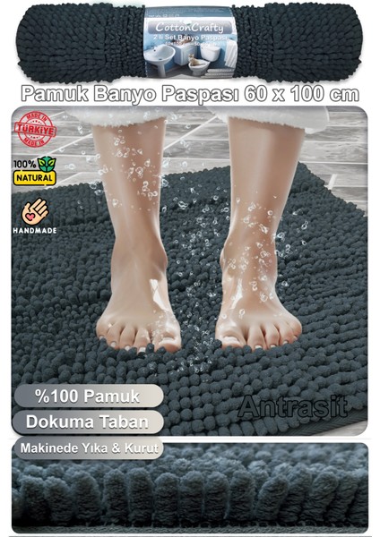 %100 Pamuk Tafting Su Emici Banyo Paspas Seti, Banyo Halısı Makarna 60X100 cm