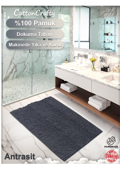 %100 Pamuk Tafting Su Emici Banyo Paspas Seti, Banyo Halısı Makarna 60X100 cm