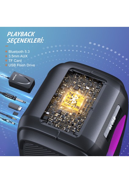 W-Kıng T9PRO Bluetooth Hoparlör 250W Partybox 24S Dinleme Işıklı Ipx5 Kablosuz Stereo Tws Ses Bombası Siyah