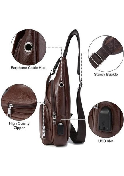 Günlük Sırt Çantası,erkek Göğüs Çantası Şarj Bağlantı Noktalı USB Çantası Retro Crossbody Pu Deri Vintage Iş Çantası Kılıfı Için Spor Koyu Kahverengi (Yurt Dışından)