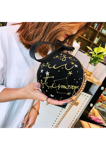 Günlük Sırt Çantası,lüks Moda Mavi Gezegen Desen Kadife Yıldız Top Omuz Çantası Kadın Küçük Yuvarlak Kadife Çanta Kişilik Kadın Çanta Küresel Tote Siyah (Yurt Dışından) modelleri