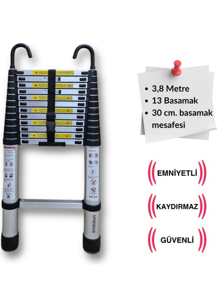 13 Basamak - 380 Cm. Kancalı Teleskobik / Teleskopik Alüminyum Merdiven - I Tipi Uzayan Merdiven