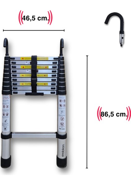 13 Basamak - 380 Cm. Kancalı Teleskobik / Teleskopik Alüminyum Merdiven - I Tipi Uzayan Merdiven