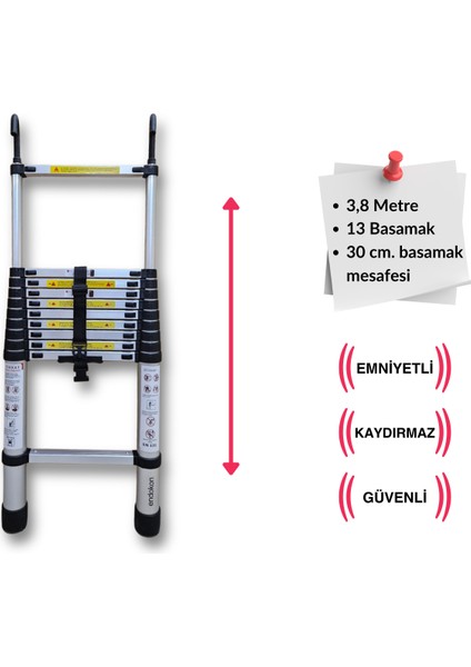 13 Basamak - 380 Cm. Kancalı Teleskobik / Teleskopik Alüminyum Merdiven - I Tipi Uzayan Merdiven